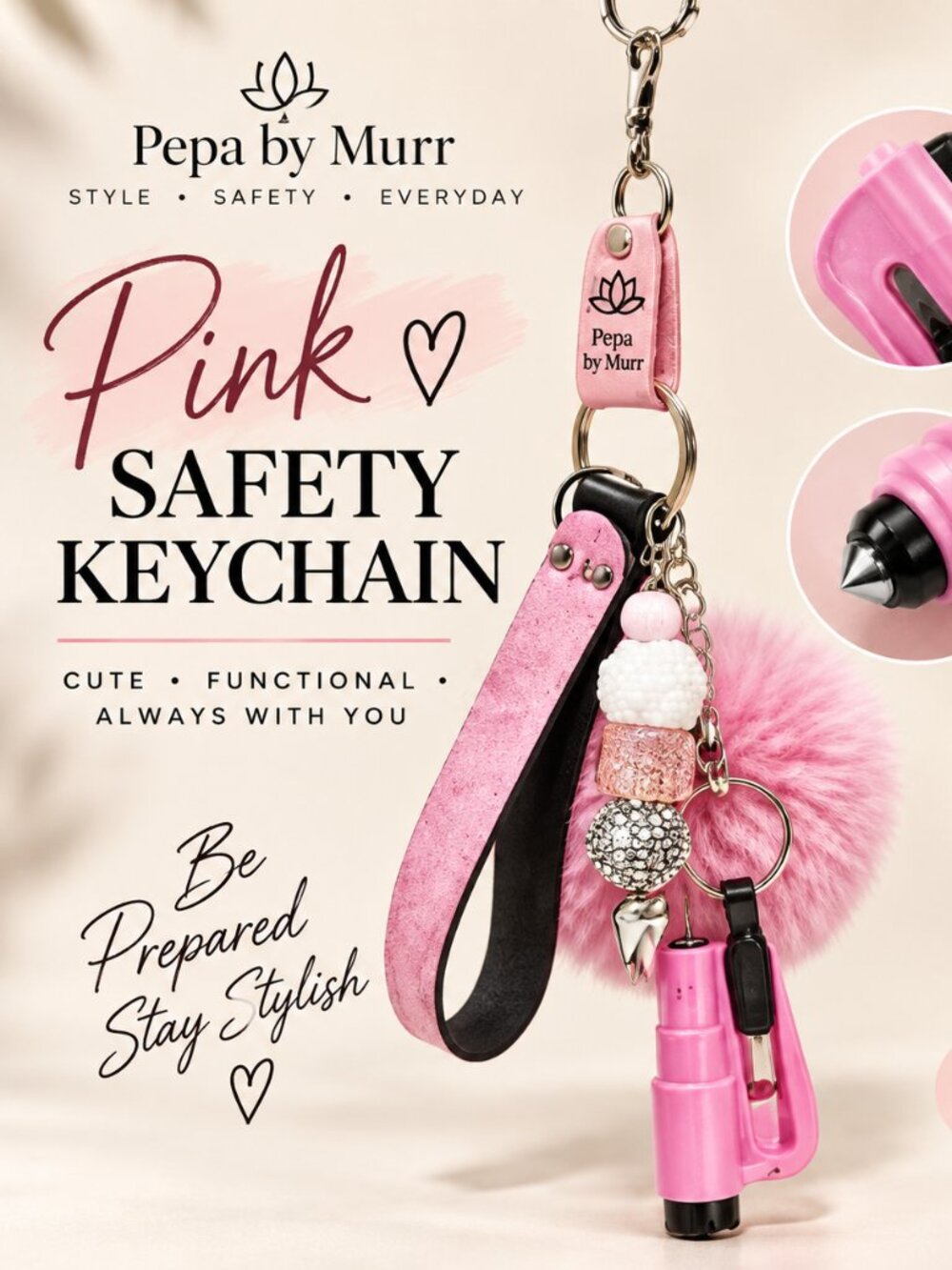 Pink Safety Keychain with Seatbelt Cutter & Glass Breaker